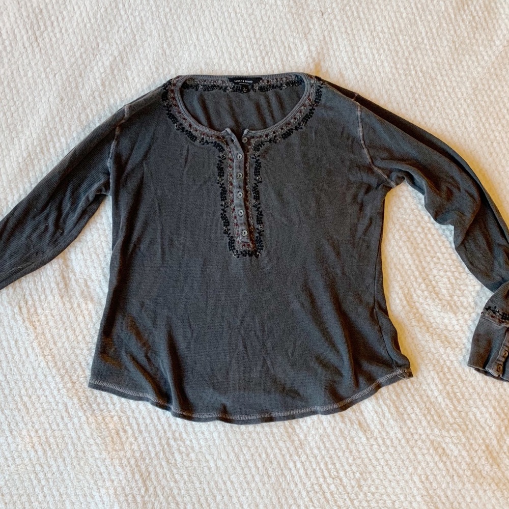 Lucky Brand Henley Long Sleeve Embroidered Flowers